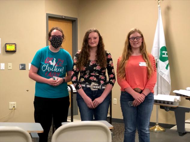Top three seniors in the poultry judging contest, from left: Doralynn Lee, Warren County; Cassidy Murphy, Callaway County; and Jasmine Gates, Randolph County.