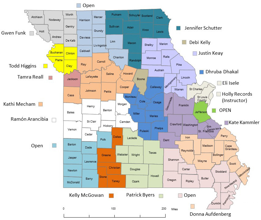 Missouri map with counties marked to designate area horticulturalists