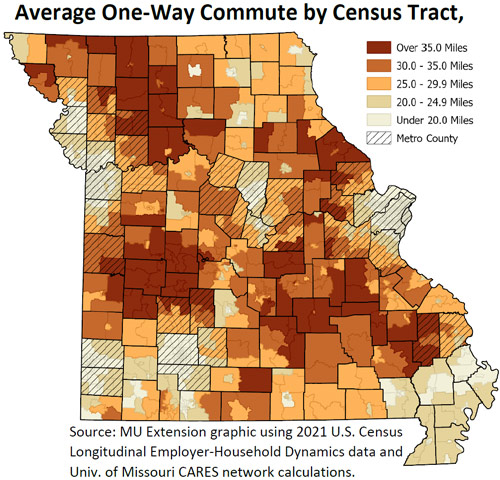 Graph showing average one-way commute by census tract in Missouri