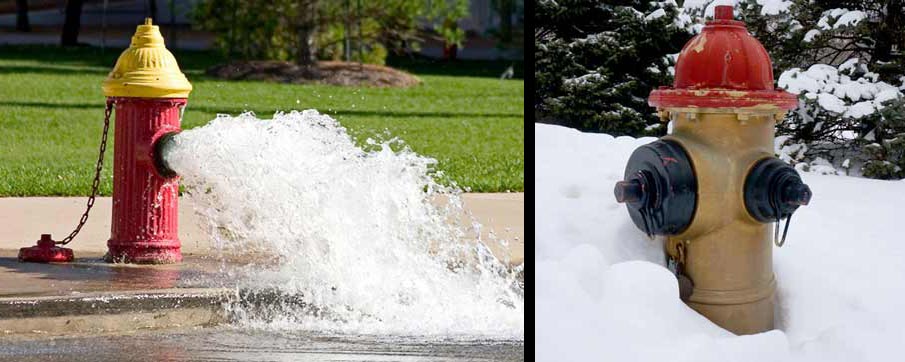 Fire hydrant spewing water on a sunny day, and a fire hydrant on a snowy street.