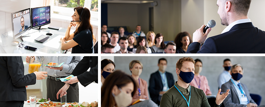 A woman attending a conference virtually from home. A man holding a mic in front of an in-person audience. People around a breakfast buffet. Conference attendees wearing masks.