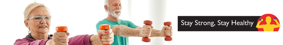 Two older adults exercising, lifting weights