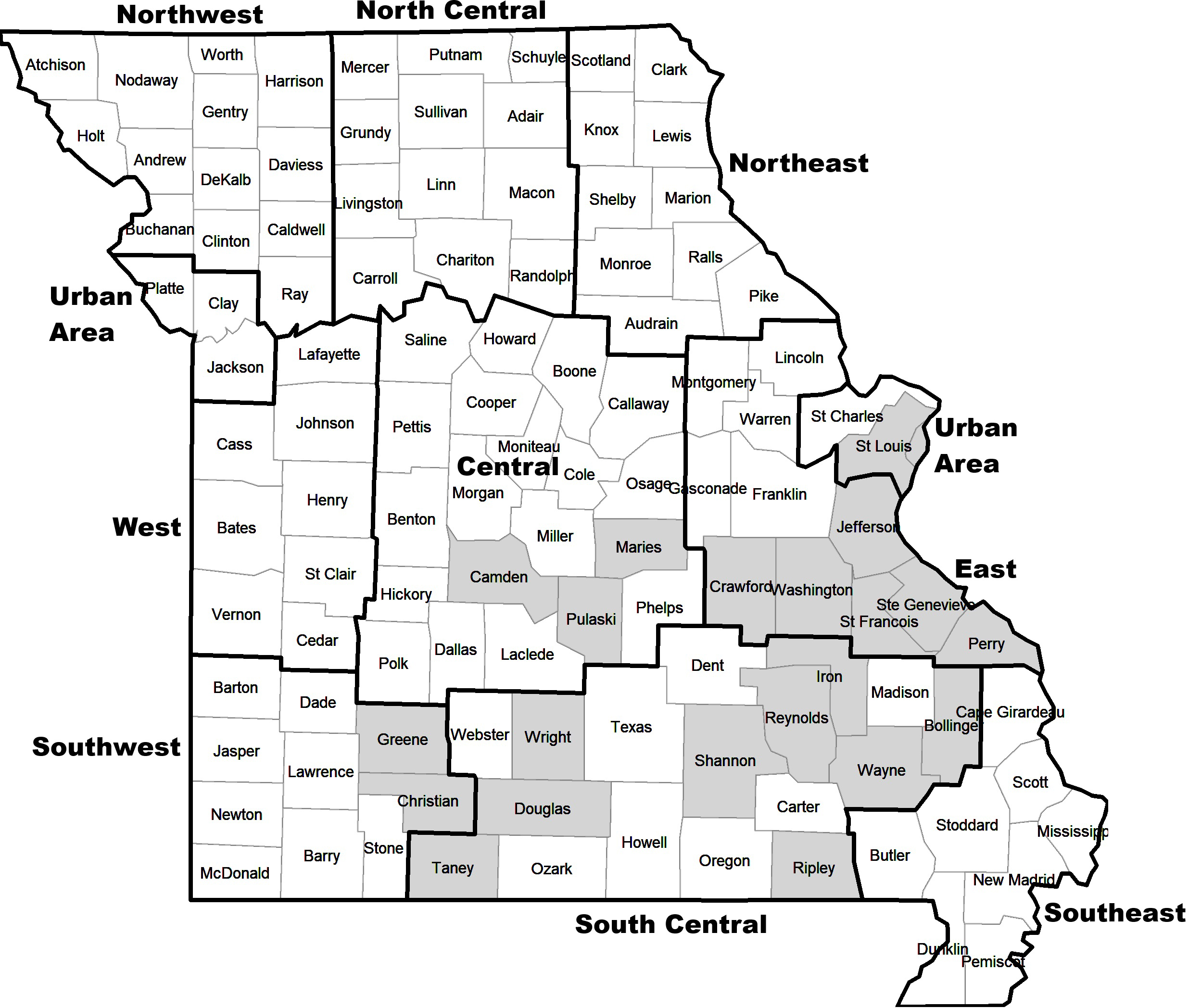 State of Missouri divided into USDA Agricultural Statistics District boundaries and with counties with insufficient data shaded in gray.