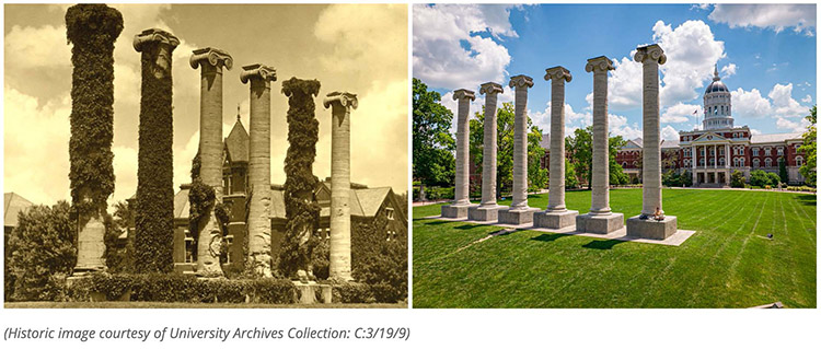 Historic & current images of University of Missouri columns, courtesy of University Archives Collection