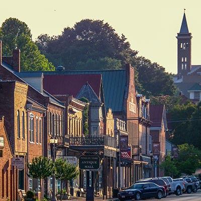 Downtown Hermann, Missouri, at sunset.