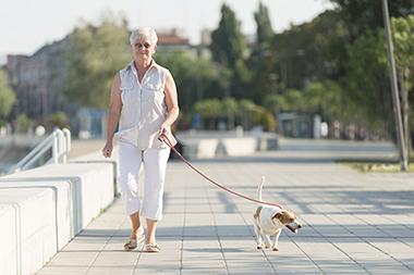 A senior woman walking with her dog