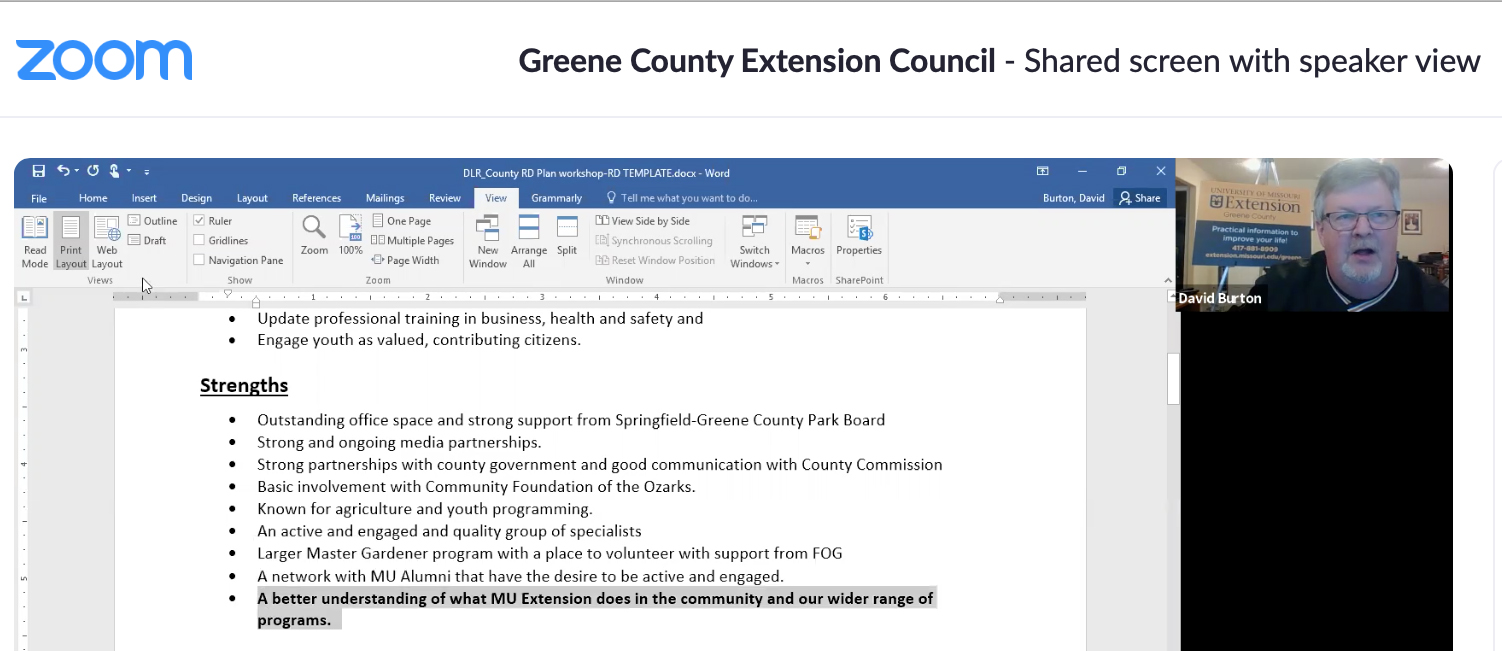 County engagement specialist David Burton shares his screen during an online meeting of the Greene County extension council.