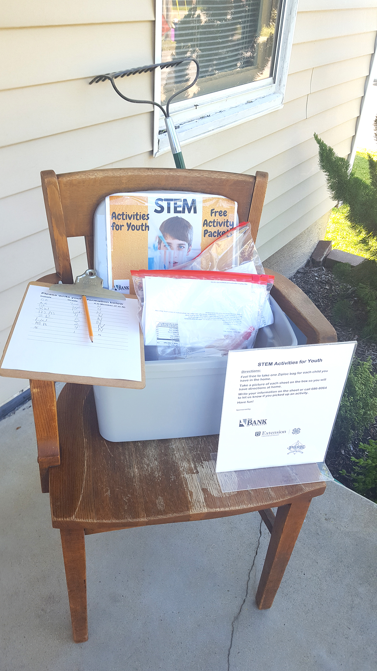 Free educational activity kits outside the parks department office in Poplar Bluff.