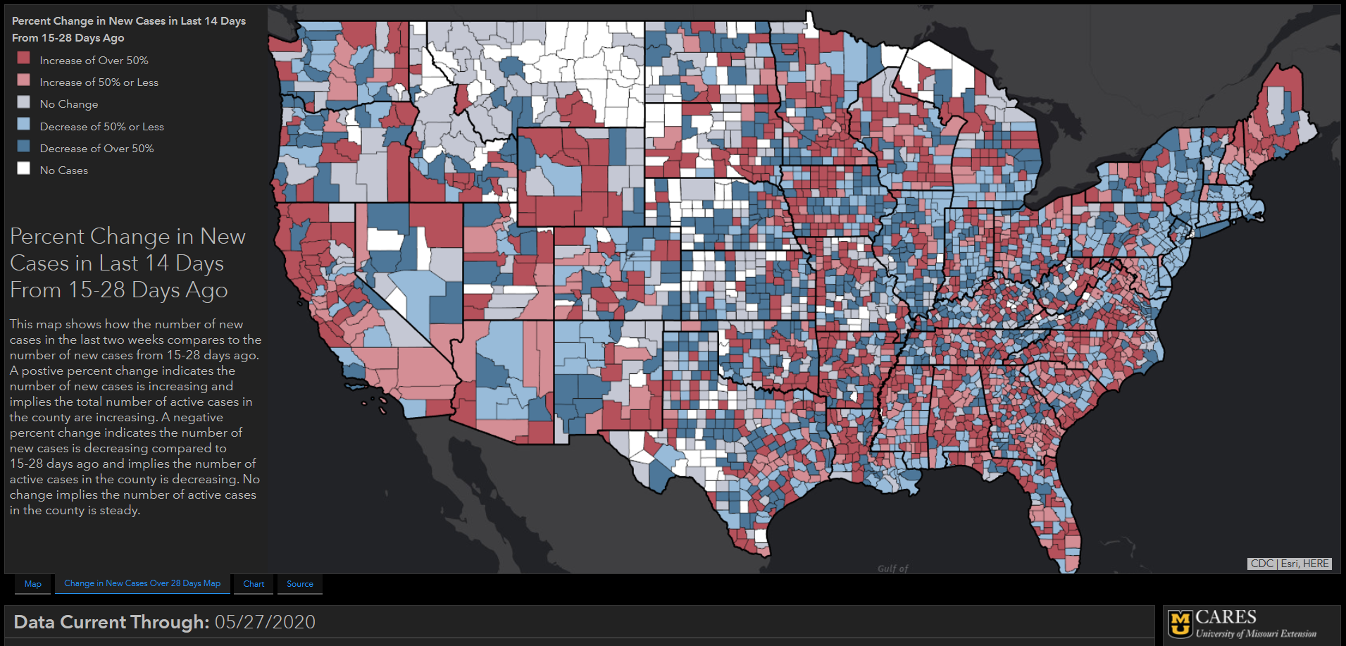 Screenshot of swipe map showing new COVID-19 cases in U.S. over the past 14 days.