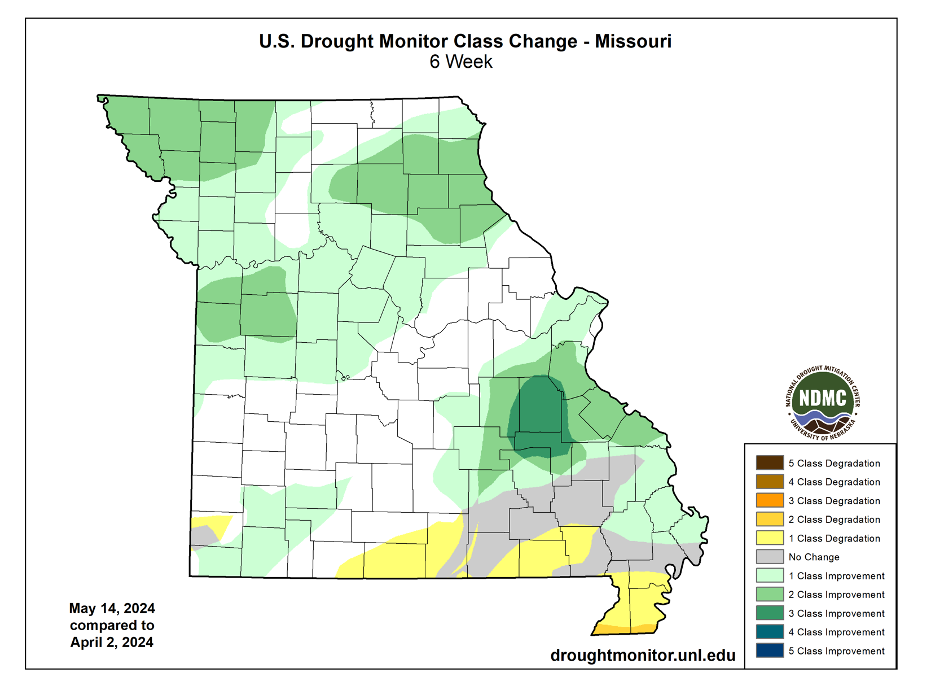 From April 2 to May 14, 2024, Missouri has seen significant improvement in drought status.