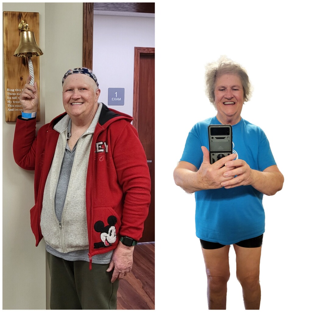 Left: Cindy McCracken ringing a bell to mark her last day of cancer treatment in August 2023. Right: McCracken in January 2024 after participating in the MU Extension Diabetes Prevention Program. Photos courtesy of Cindy McCracken.