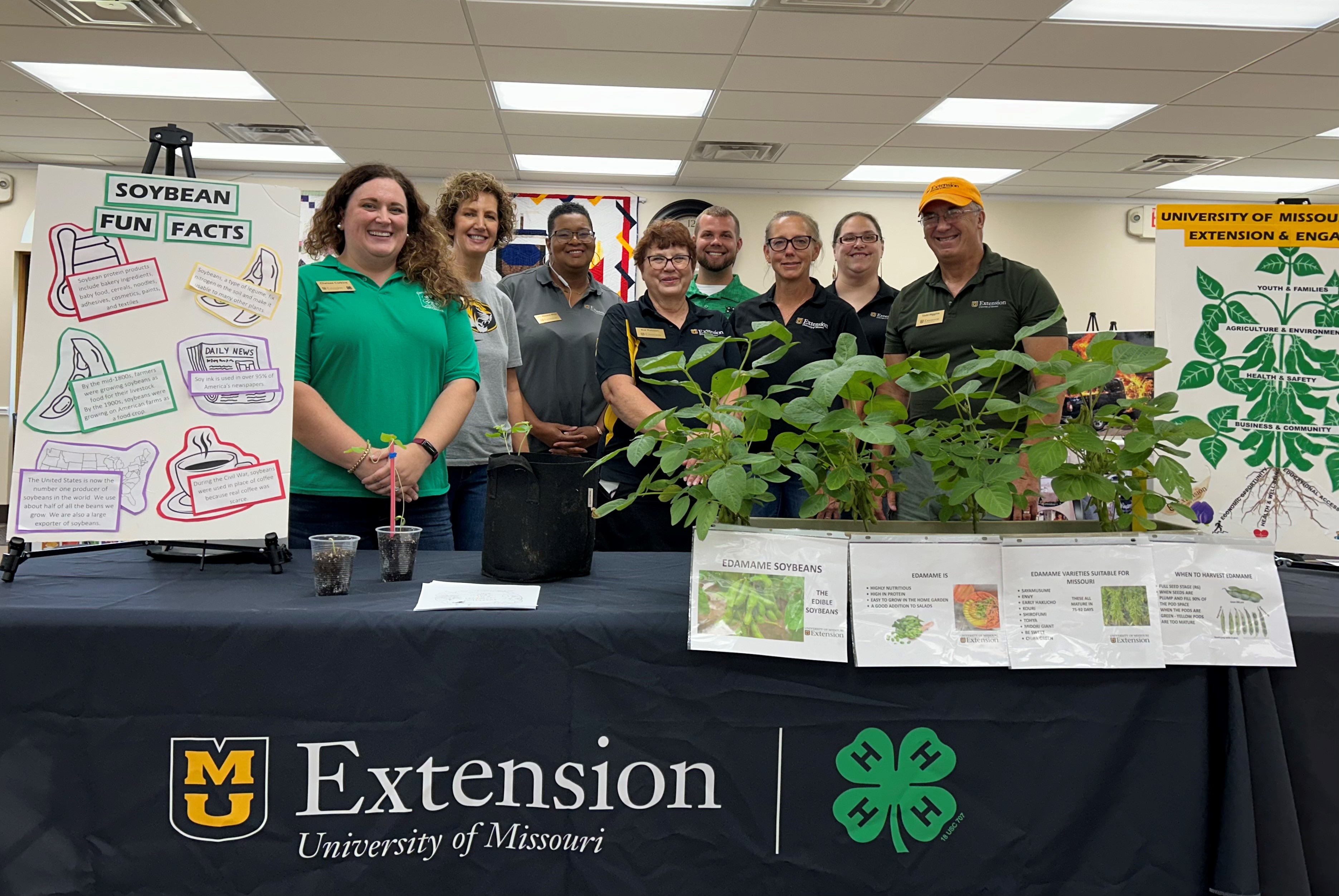 MU Extension personnel at the Norborne Soybean Festival, from left: Chelsea Corkins, extension engagement specialist; Amy Albertson, nutrition program associate; Carla Wayland-White, nutrition program associate; Sue Robison, nutrition and health specialist; Alex Heussner, 4-H youth program associate; Valerie Tate, agronomy specialist; Christina Todd, nutrition program associate; Todd Higgins, horticulture specialist.