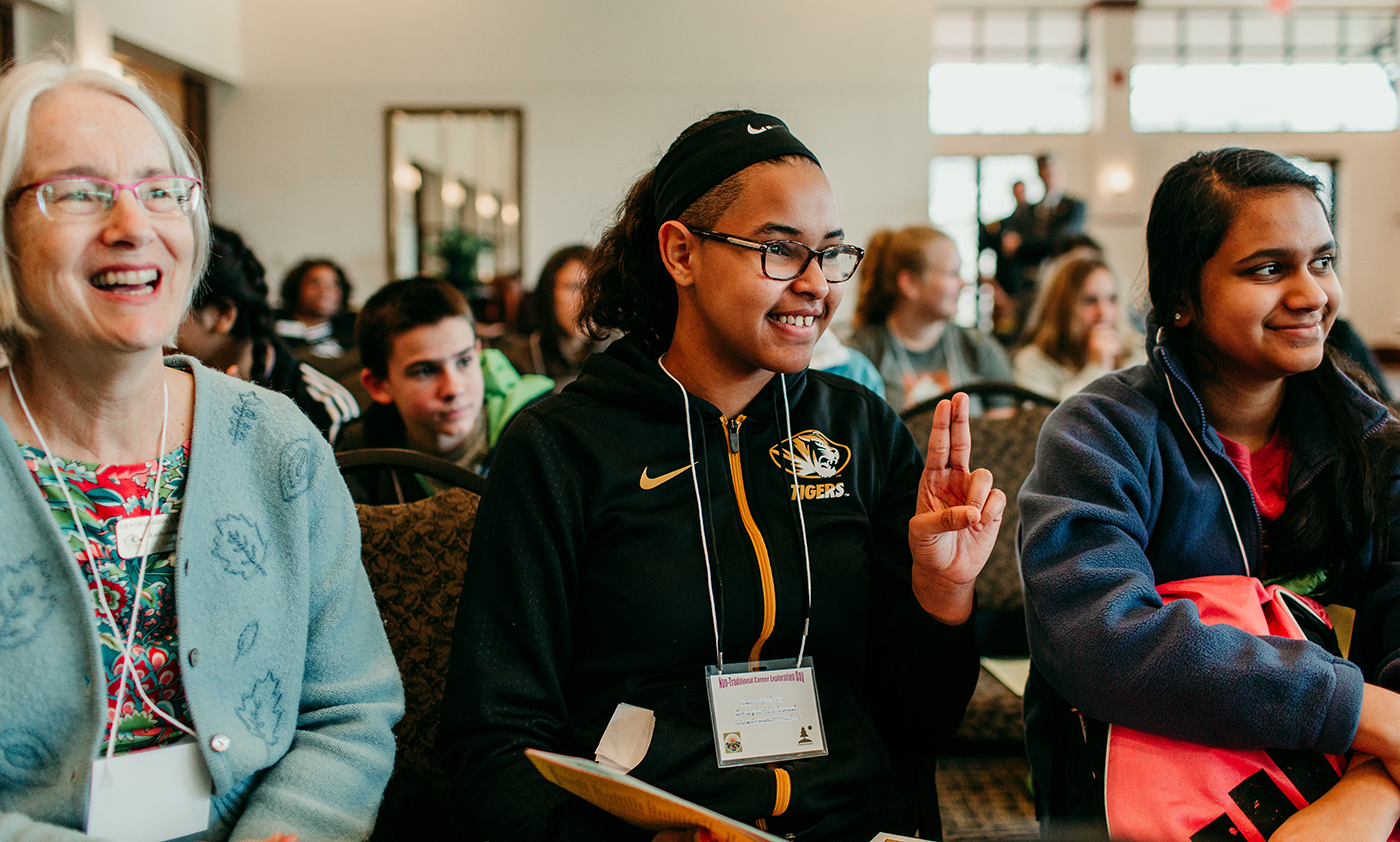 Middle school students and teachers get ready for a day of discovery and learning at the kickoff of the nontraditional career exploration day, April 4 on the MU campus. Photo by Melissa Grindstaff, MU College of Education