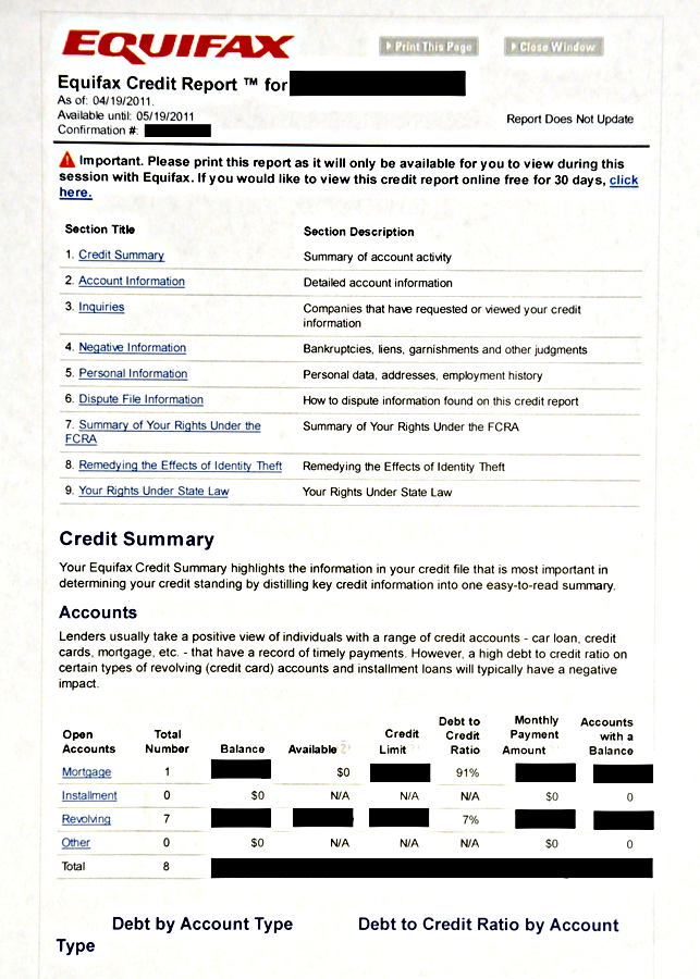 Equifax sample credit report