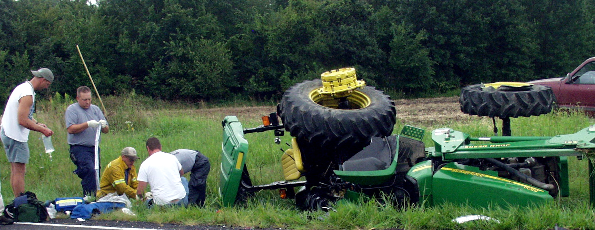 Emergency workers treated Monroe County farmer Kent Blades in 2006 when he was severely injured in a tractor  accident. Blades and his family urge drivers to slow down and be watchful of farmers on the road during spring planting season.Photo courtesy of Linda Blades