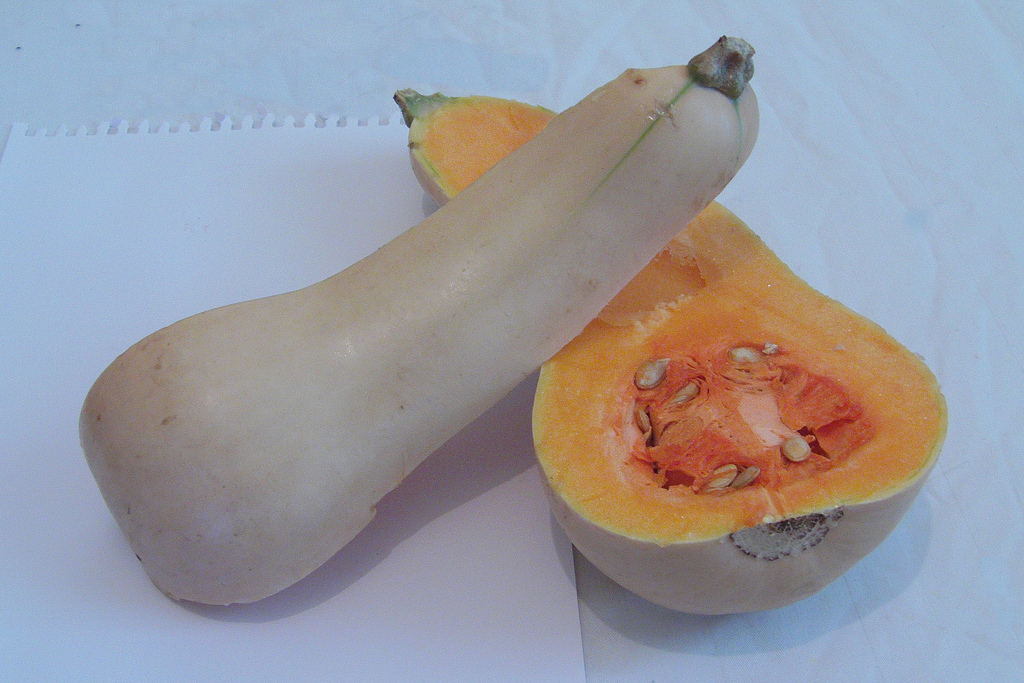 "Butternut squash halved." Flickr photo by Richard North. https://flickr.com/photos/richardnorth/7696845410. Shared under a Creative Commons (BY) license.