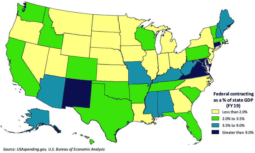 Federal contracting as percentage of a state's GPD (FY 2019).